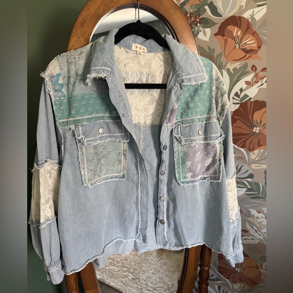 Anthropology POL Patchwork Denim Lace Boho Shacket Size S